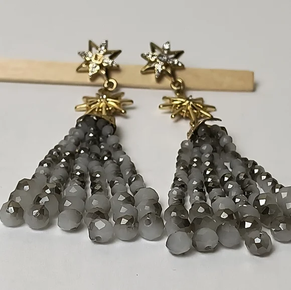 Gold Star Tassel Earrings with Gray Glass Beaded Strands - Picture 10 of 13